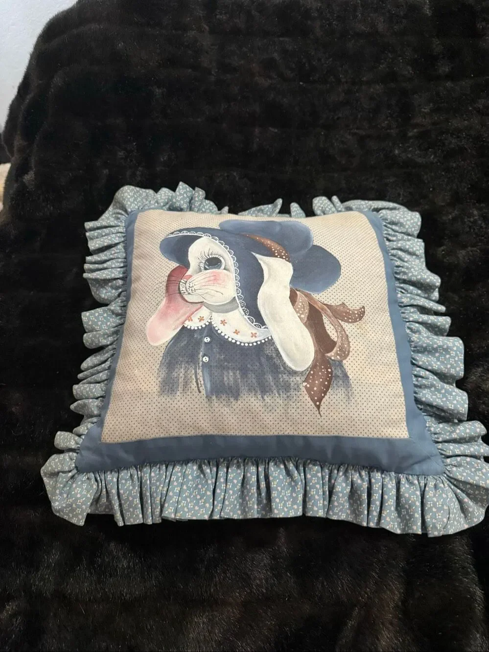 cushionPretty white rabbit on blue cushion pillow cottagecore primitive